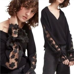 NWT French Connection Caballo V-Neck Long Sleeve Lace Knit Sweater Black Size XS